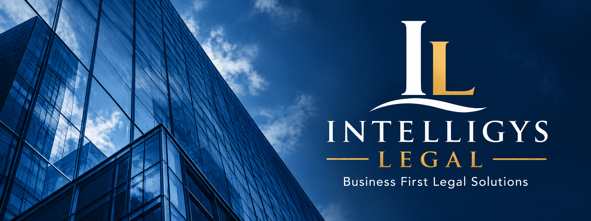 Modern glass business architecture with the Intelligys Legal logo